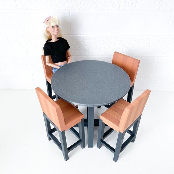 Miniature Barbie Bistro Table 4 Striped Chairs 3D Printed Dollhouse Furniture - Picture 1 of 7